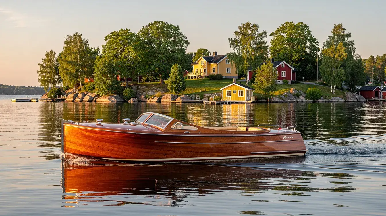 Träbåt för sightseeing i Djurgårdskanalen i Stockholm