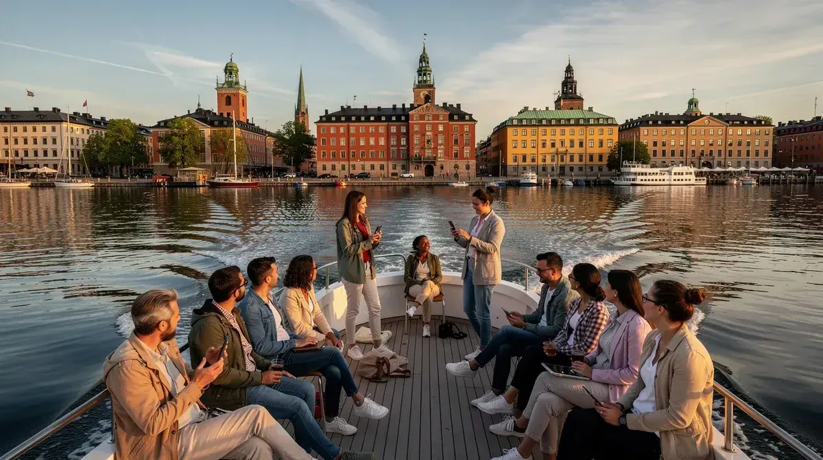 Gäster ombord på en öppen sightseeingbåt i Stockholm