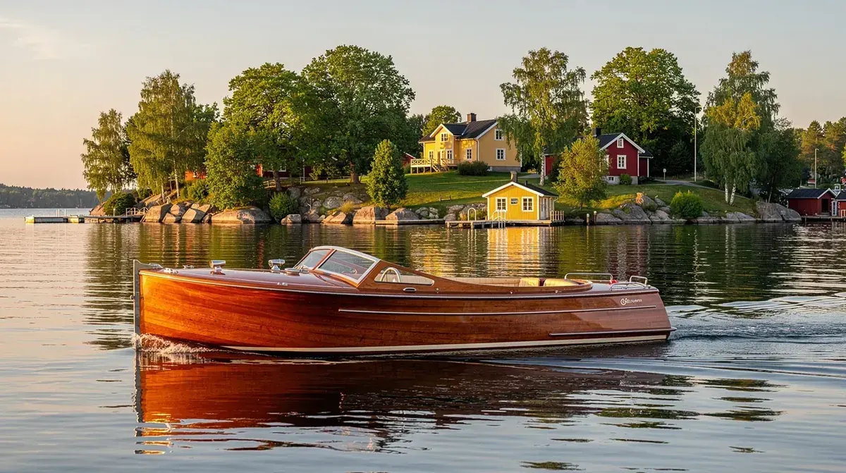 Klassisches Holzboot auf einer Schärenfahrt in Stockholm